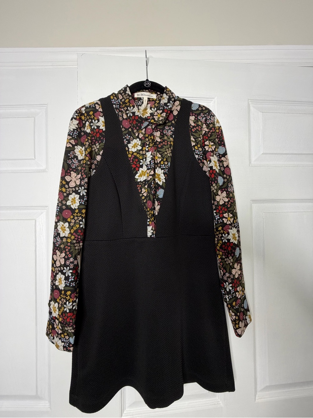 BCBGeneration Black Mini Dress with Floral Long Sleeves